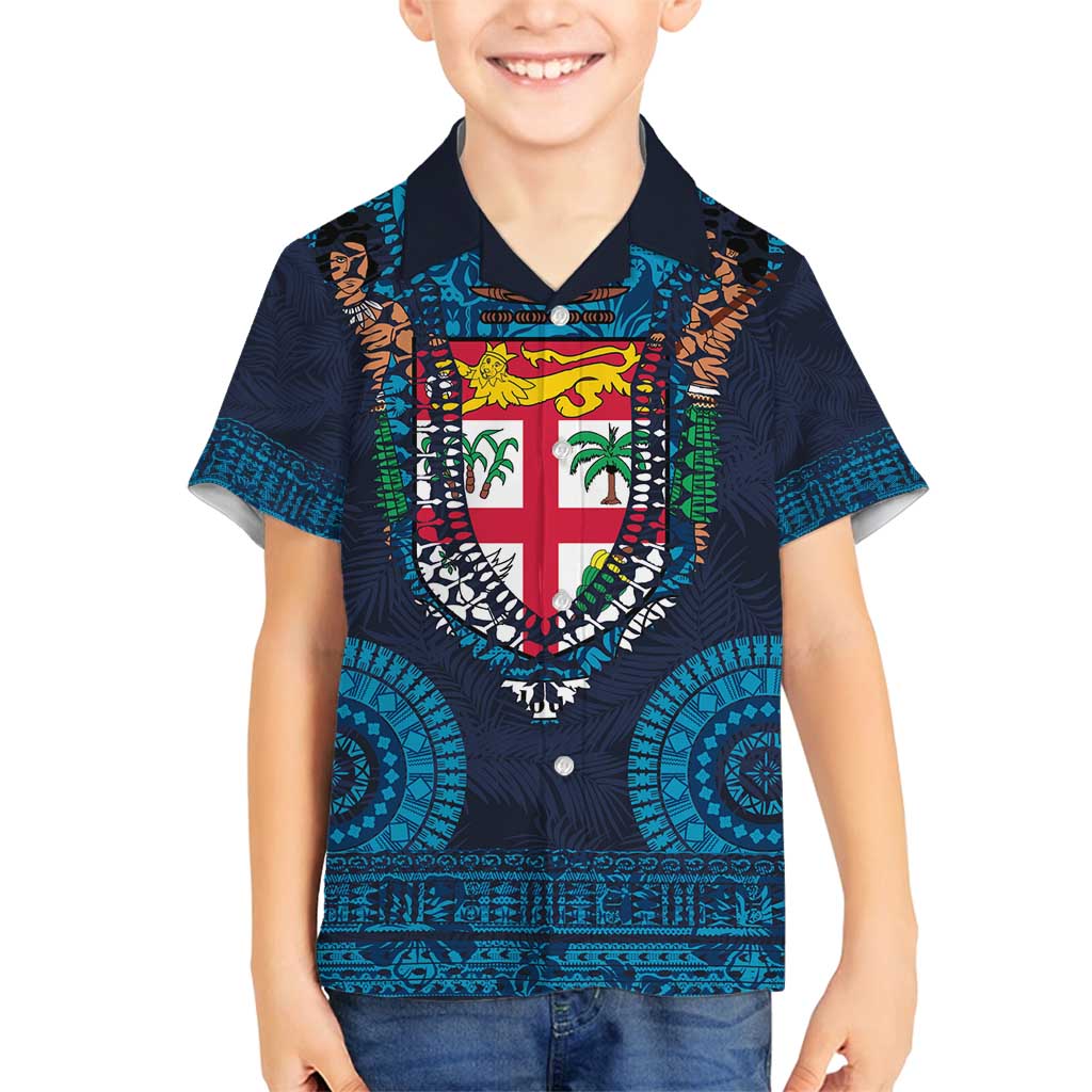 Fiji Coat of Arms Traditional Dashiki Family Matching Off Shoulder Maxi Dress and Hawaiian Shirt Tapa Art and Palm Leaves Pattern Dark Navy Color LT03 Son's Shirt Navy - Polynesian Pride