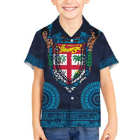 Fiji Coat of Arms Traditional Dashiki Family Matching Off Shoulder Maxi Dress and Hawaiian Shirt Tapa Art and Palm Leaves Pattern Dark Navy Color LT03 Son's Shirt Navy - Polynesian Pride