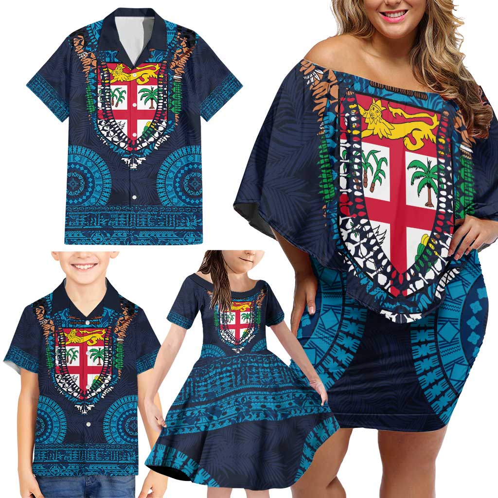 Fiji Coat of Arms Traditional Dashiki Family Matching Off Shoulder Short Dress and Hawaiian Shirt Tapa Art and Palm Leaves Pattern Dark Navy Color LT03 - Polynesian Pride
