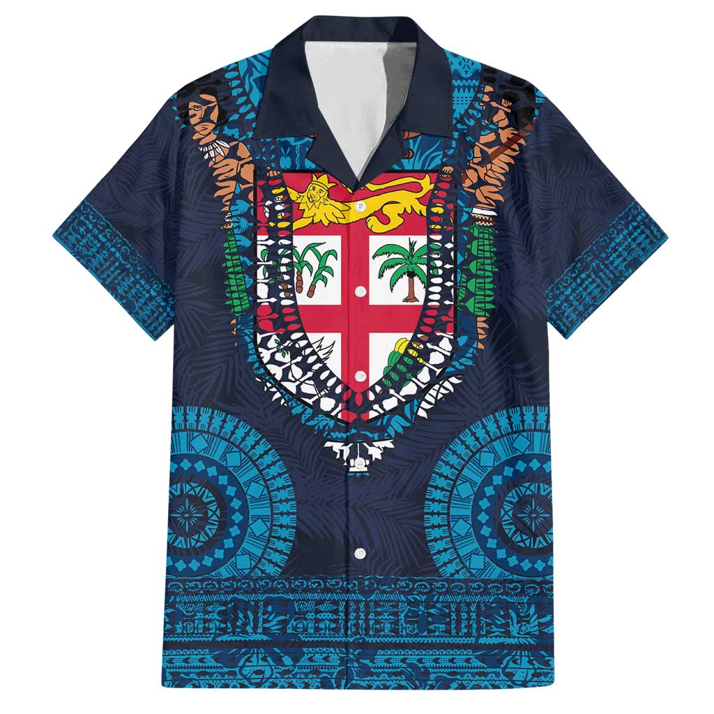 Fiji Coat of Arms Traditional Dashiki Family Matching Off Shoulder Short Dress and Hawaiian Shirt Tapa Art and Palm Leaves Pattern Dark Navy Color LT03 Dad's Shirt - Short Sleeve Navy - Polynesian Pride