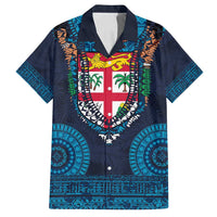 Fiji Coat of Arms Traditional Dashiki Family Matching Off Shoulder Short Dress and Hawaiian Shirt Tapa Art and Palm Leaves Pattern Dark Navy Color LT03 Dad's Shirt - Short Sleeve Navy - Polynesian Pride