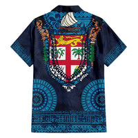 Fiji Coat of Arms Traditional Dashiki Family Matching Off Shoulder Short Dress and Hawaiian Shirt Tapa Art and Palm Leaves Pattern Dark Navy Color LT03 - Polynesian Pride