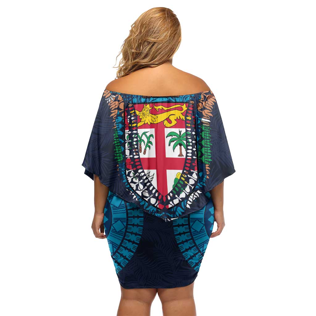 Fiji Coat of Arms Traditional Dashiki Family Matching Off Shoulder Short Dress and Hawaiian Shirt Tapa Art and Palm Leaves Pattern Dark Navy Color LT03 - Polynesian Pride