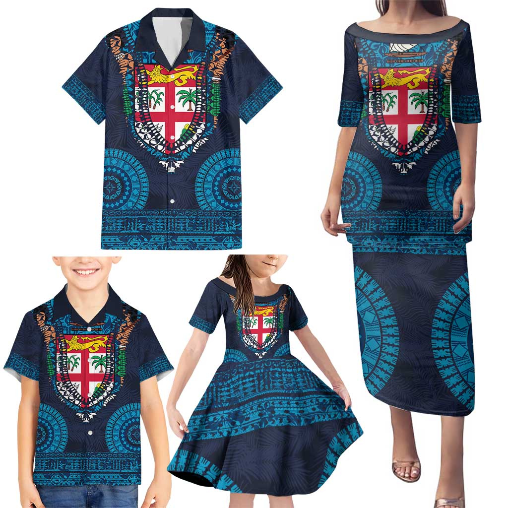 Fiji Coat of Arms Traditional Dashiki Family Matching Puletasi and Hawaiian Shirt Tapa Art and Palm Leaves Pattern Dark Navy Color LT03 - Polynesian Pride