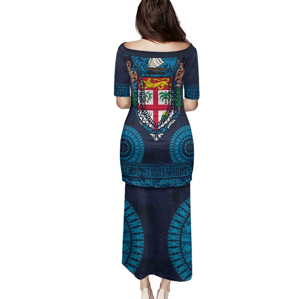 Fiji Coat of Arms Traditional Dashiki Family Matching Puletasi and Hawaiian Shirt Tapa Art and Palm Leaves Pattern Dark Navy Color LT03 - Polynesian Pride