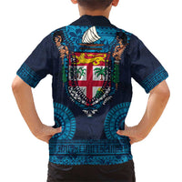 Fiji Coat of Arms Traditional Dashiki Family Matching Short Sleeve Bodycon Dress and Hawaiian Shirt Tapa Art and Palm Leaves Pattern Dark Navy Color LT03 - Polynesian Pride