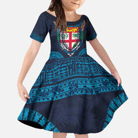 Fiji Coat of Arms Traditional Dashiki Family Matching Short Sleeve Bodycon Dress and Hawaiian Shirt Tapa Art and Palm Leaves Pattern Dark Navy Color LT03 Daughter's Dress Navy - Polynesian Pride
