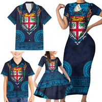 Fiji Coat of Arms Traditional Dashiki Family Matching Short Sleeve Bodycon Dress and Hawaiian Shirt Tapa Art and Palm Leaves Pattern Dark Navy Color LT03 - Polynesian Pride