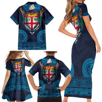 Fiji Coat of Arms Traditional Dashiki Family Matching Short Sleeve Bodycon Dress and Hawaiian Shirt Tapa Art and Palm Leaves Pattern Dark Navy Color LT03 - Polynesian Pride