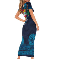 Fiji Coat of Arms Traditional Dashiki Family Matching Short Sleeve Bodycon Dress and Hawaiian Shirt Tapa Art and Palm Leaves Pattern Dark Navy Color LT03 - Polynesian Pride