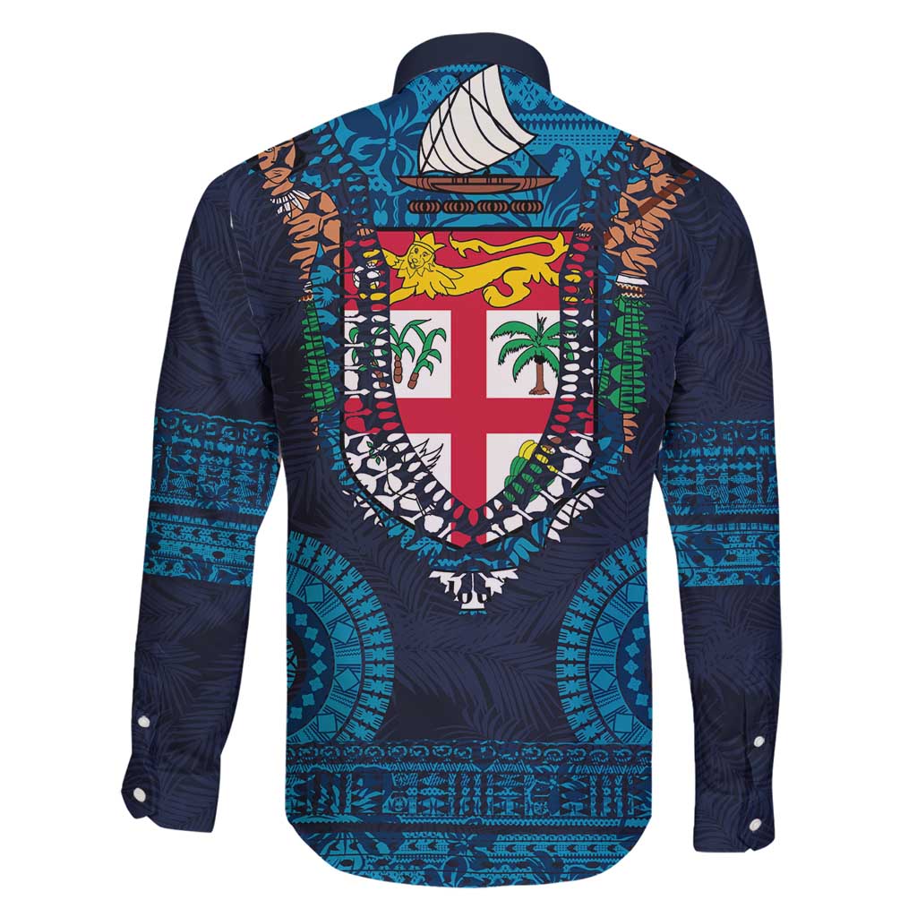 Fiji Coat of Arms Traditional Dashiki Family Matching Summer Maxi Dress and Hawaiian Shirt Tapa Art and Palm Leaves Pattern Dark Navy Color LT03 - Polynesian Pride