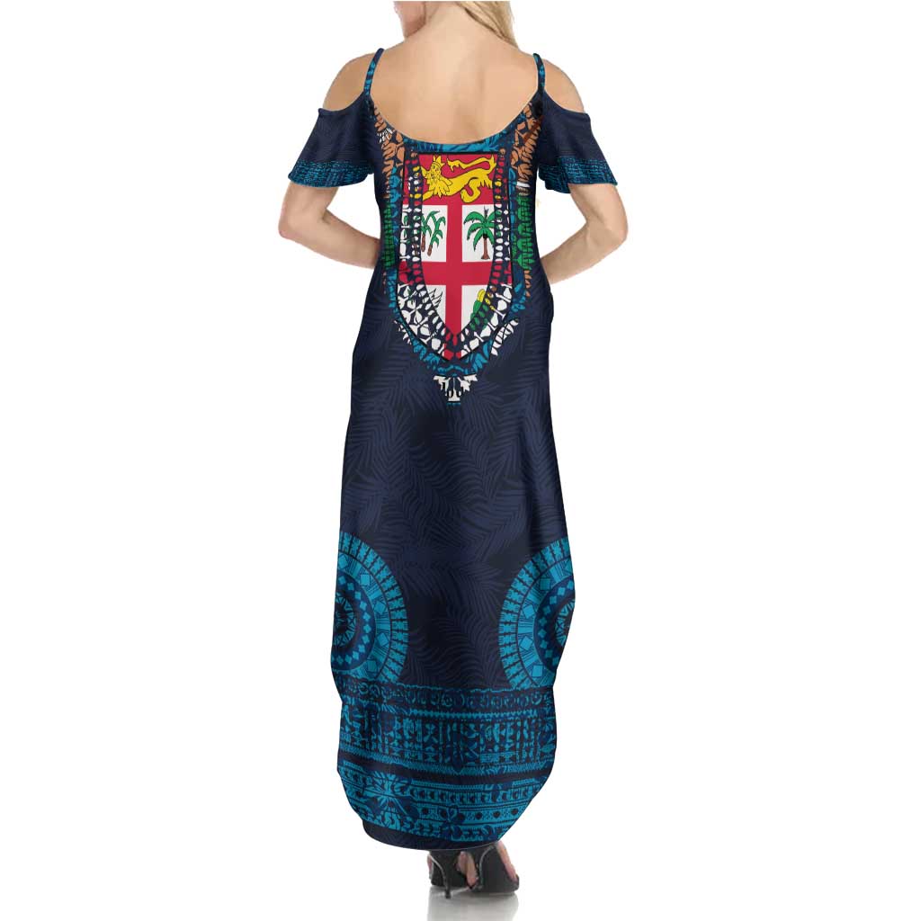 Fiji Coat of Arms Traditional Dashiki Family Matching Summer Maxi Dress and Hawaiian Shirt Tapa Art and Palm Leaves Pattern Dark Navy Color LT03 - Polynesian Pride