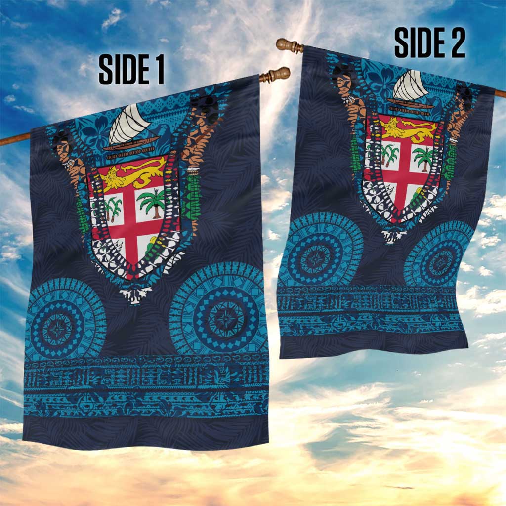 Fiji Coat of Arms Traditional Dashiki Garden Flag Tapa Art and Palm Leaves Pattern Dark Navy Color LT03 - Polynesian Pride