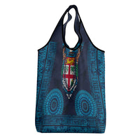 Fiji Coat of Arms Traditional Dashiki Grocery Bag Tapa Art and Palm Leaves Pattern Dark Navy Color LT03 - Polynesian Pride