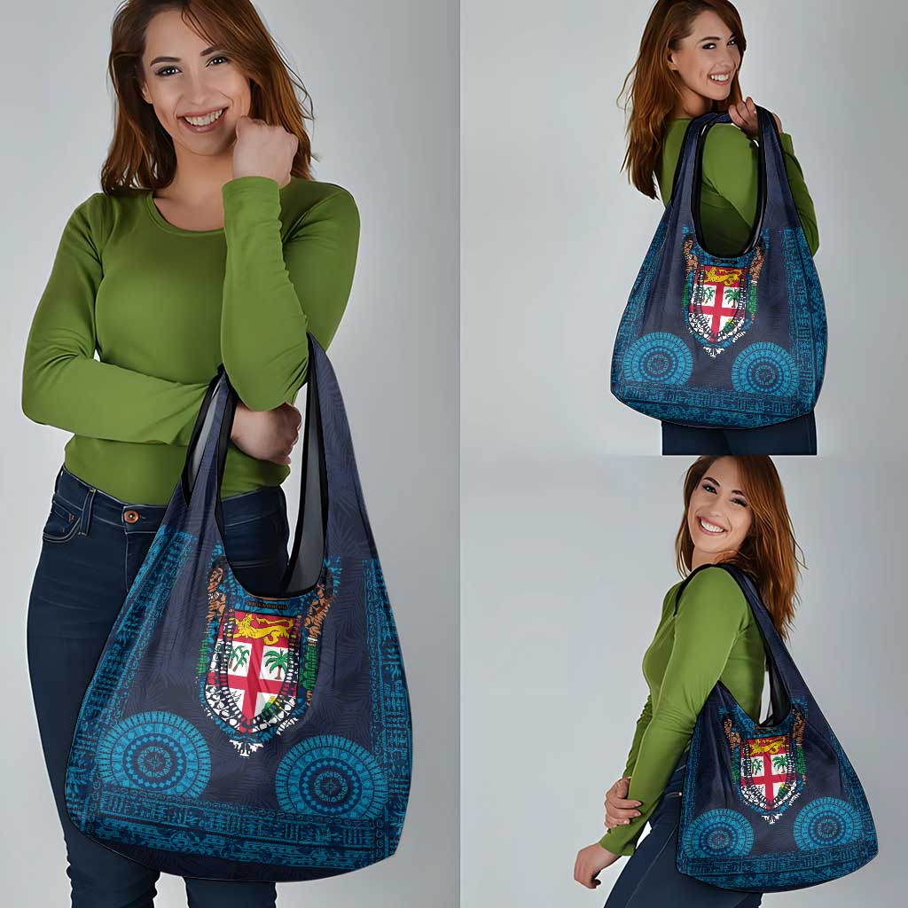 Fiji Coat of Arms Traditional Dashiki Grocery Bag Tapa Art and Palm Leaves Pattern Dark Navy Color LT03 - Polynesian Pride