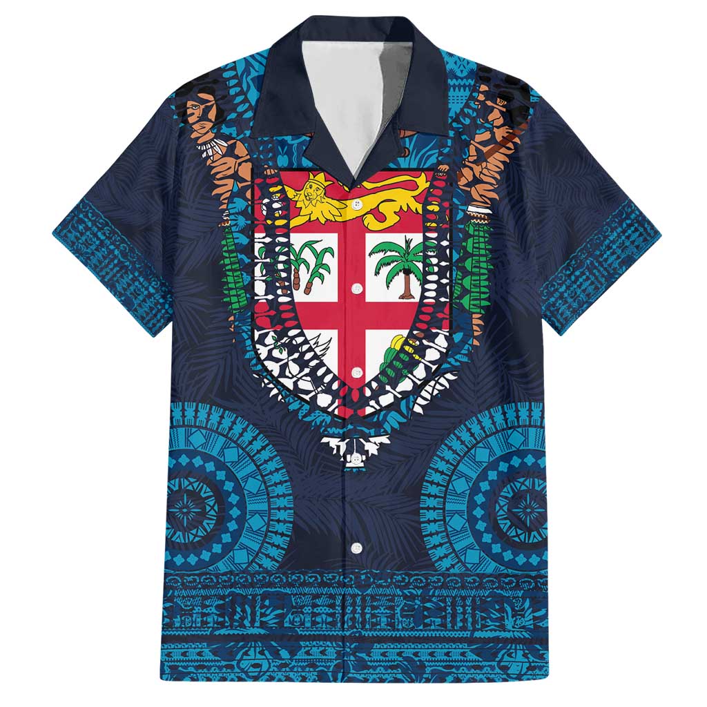 Fiji Coat of Arms Traditional Dashiki Hawaiian Shirt Tapa Art and Palm Leaves Pattern Dark Navy Color LT03 Navy - Polynesian Pride