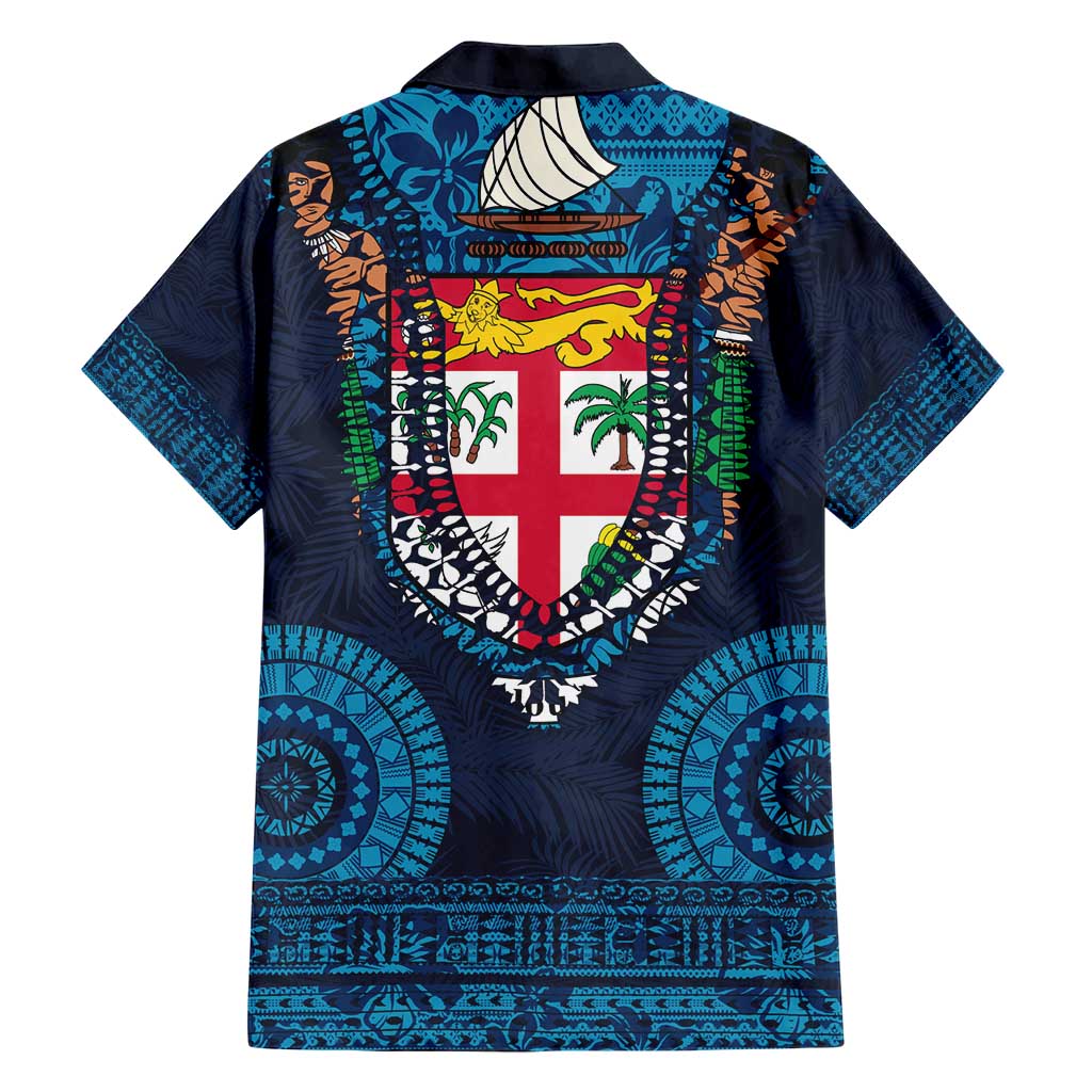 Fiji Coat of Arms Traditional Dashiki Hawaiian Shirt Tapa Art and Palm Leaves Pattern Dark Navy Color LT03 - Polynesian Pride