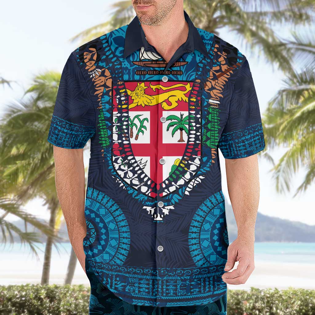 Fiji Coat of Arms Traditional Dashiki Hawaiian Shirt Tapa Art and Palm Leaves Pattern Dark Navy Color LT03 - Polynesian Pride