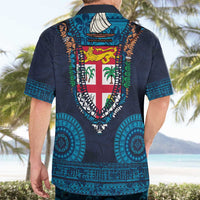 Fiji Coat of Arms Traditional Dashiki Hawaiian Shirt Tapa Art and Palm Leaves Pattern Dark Navy Color LT03 - Polynesian Pride