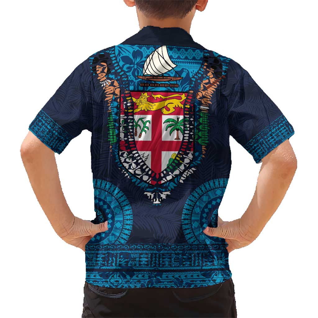 Fiji Coat of Arms Traditional Dashiki Hawaiian Shirt Tapa Art and Palm Leaves Pattern Dark Navy Color LT03 - Polynesian Pride