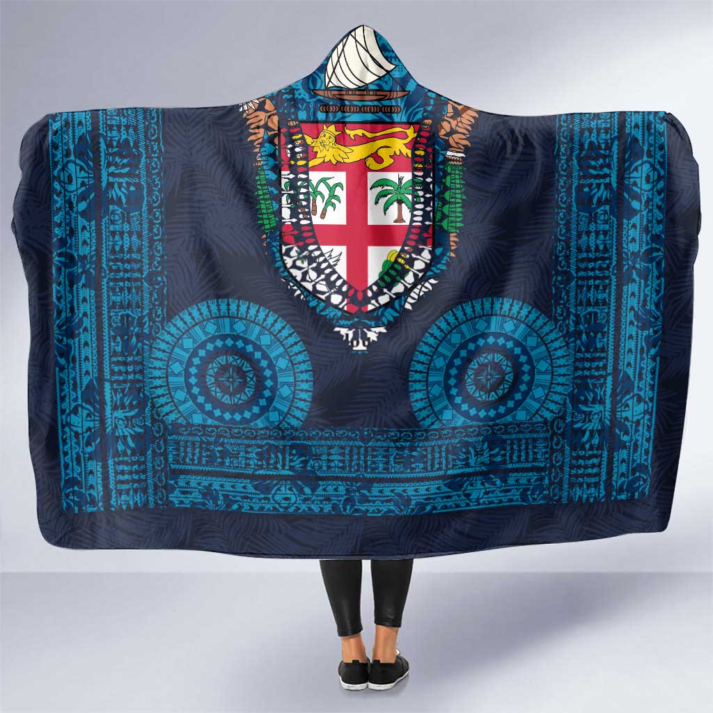 Fiji Coat of Arms Traditional Dashiki Hooded Blanket Tapa Art and Palm Leaves Pattern Dark Navy Color LT03 One Size Navy - Polynesian Pride