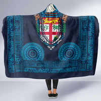 Fiji Coat of Arms Traditional Dashiki Hooded Blanket Tapa Art and Palm Leaves Pattern Dark Navy Color LT03 One Size Navy - Polynesian Pride