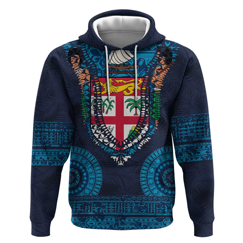 Fiji Coat of Arms Traditional Dashiki Hoodie Tapa Art and Palm Leaves Pattern Dark Navy Color LT03 Pullover Hoodie Navy - Polynesian Pride