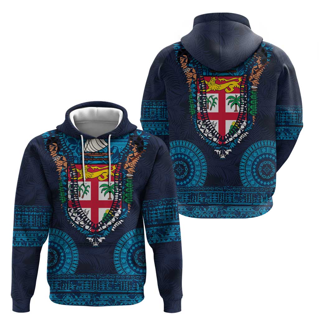 Fiji Coat of Arms Traditional Dashiki Hoodie Tapa Art and Palm Leaves Pattern Dark Navy Color LT03 - Polynesian Pride