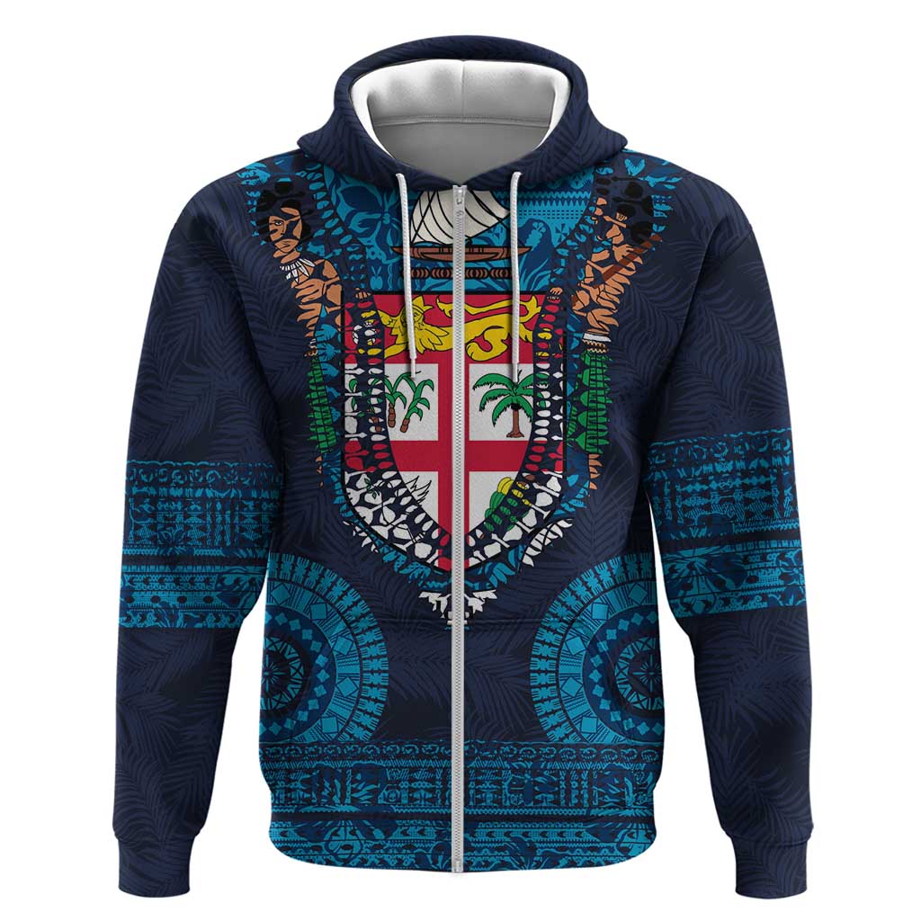 Fiji Coat of Arms Traditional Dashiki Hoodie Tapa Art and Palm Leaves Pattern Dark Navy Color LT03 Zip Hoodie Navy - Polynesian Pride