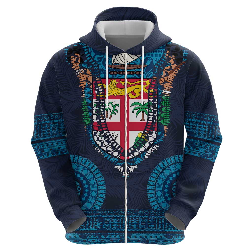 Fiji Coat of Arms Traditional Dashiki Hoodie Tapa Art and Palm Leaves Pattern Dark Navy Color LT03 - Polynesian Pride