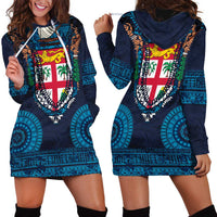 Fiji Coat of Arms Traditional Dashiki Hoodie Dress Tapa Art and Palm Leaves Pattern Dark Navy Color LT03 - Polynesian Pride