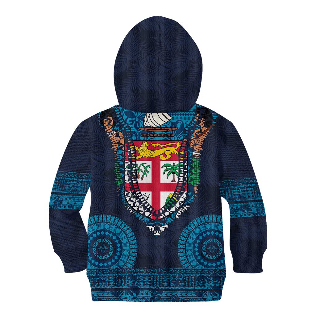 Fiji Coat of Arms Traditional Dashiki Kid Hoodie Tapa Art and Palm Leaves Pattern Dark Navy Color LT03 - Polynesian Pride