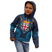 Fiji Coat of Arms Traditional Dashiki Kid Hoodie Tapa Art and Palm Leaves Pattern Dark Navy Color LT03 - Polynesian Pride