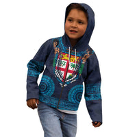 Fiji Coat of Arms Traditional Dashiki Kid Hoodie Tapa Art and Palm Leaves Pattern Dark Navy Color LT03 - Polynesian Pride