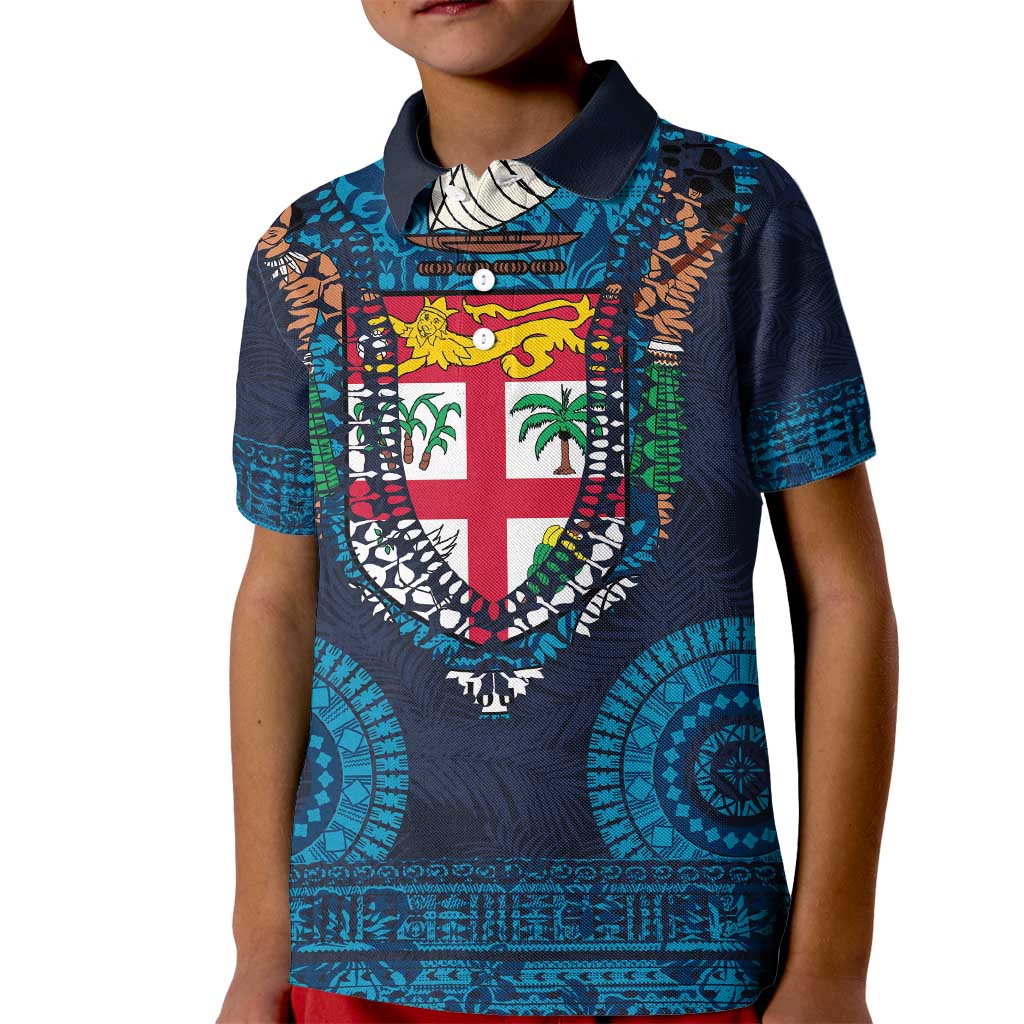 Fiji Coat of Arms Traditional Dashiki Kid Polo Shirt Tapa Art and Palm Leaves Pattern Dark Navy Color LT03 Kid Navy - Polynesian Pride