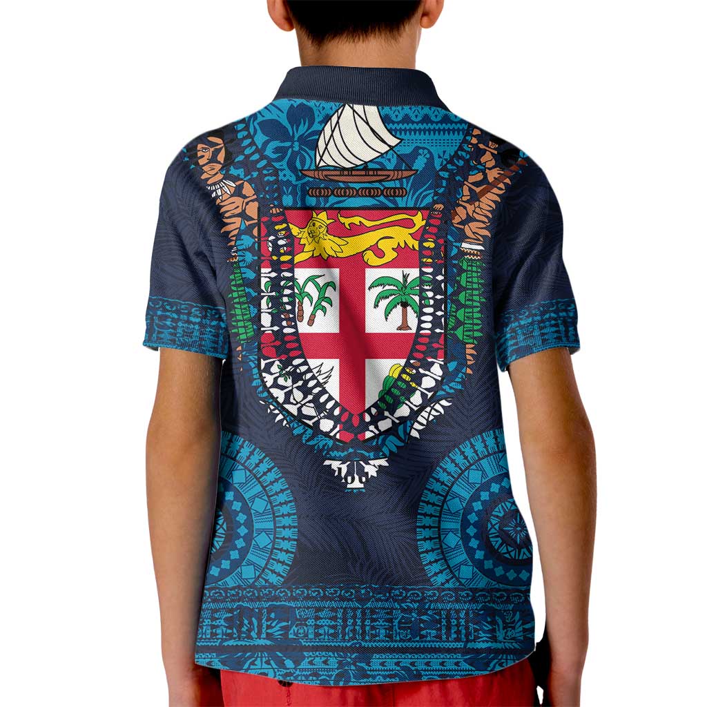 Fiji Coat of Arms Traditional Dashiki Kid Polo Shirt Tapa Art and Palm Leaves Pattern Dark Navy Color LT03 - Polynesian Pride