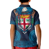 Fiji Coat of Arms Traditional Dashiki Kid Polo Shirt Tapa Art and Palm Leaves Pattern Dark Navy Color LT03 - Polynesian Pride