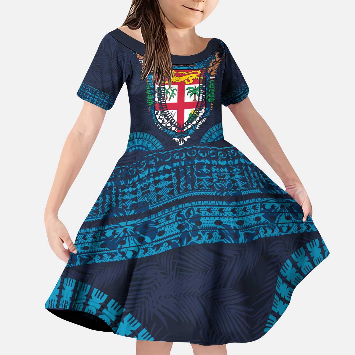 Fiji Coat of Arms Traditional Dashiki Kid Short Sleeve Dress Tapa Art and Palm Leaves Pattern Dark Navy Color LT03 KID Navy - Polynesian Pride