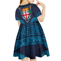 Fiji Coat of Arms Traditional Dashiki Kid Short Sleeve Dress Tapa Art and Palm Leaves Pattern Dark Navy Color LT03 - Polynesian Pride