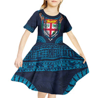 Fiji Coat of Arms Traditional Dashiki Kid Short Sleeve Dress Tapa Art and Palm Leaves Pattern Dark Navy Color LT03 - Polynesian Pride