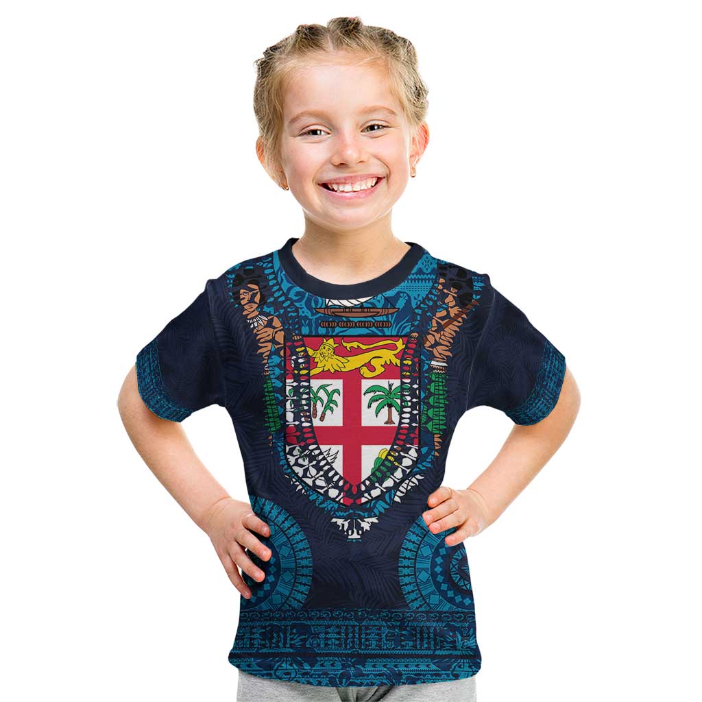 Fiji Coat of Arms Traditional Dashiki Kid T Shirt Tapa Art and Palm Leaves Pattern Dark Navy Color LT03 Navy - Polynesian Pride