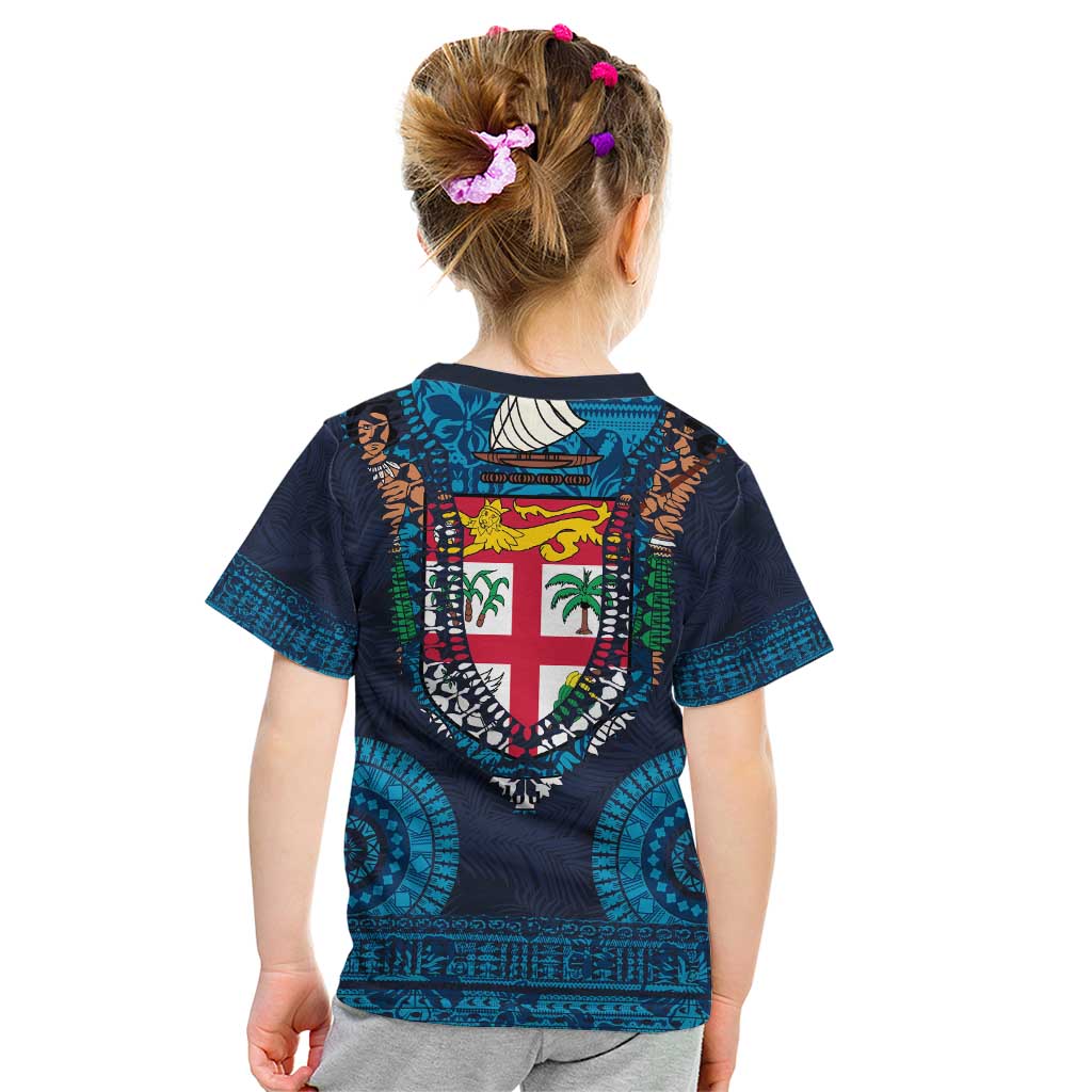 Fiji Coat of Arms Traditional Dashiki Kid T Shirt Tapa Art and Palm Leaves Pattern Dark Navy Color LT03 - Polynesian Pride