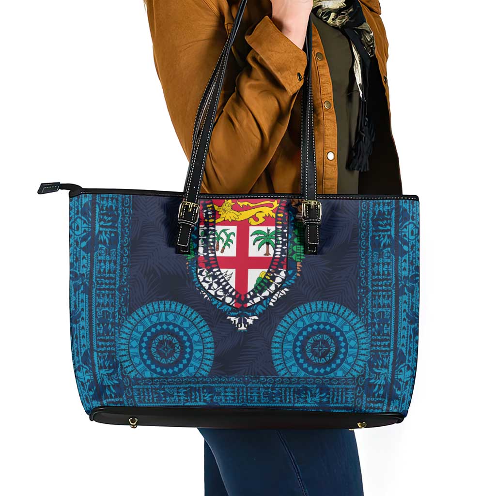 Fiji Coat of Arms Traditional Dashiki Leather Tote Bag Tapa Art and Palm Leaves Pattern Dark Navy Color LT03 - Polynesian Pride