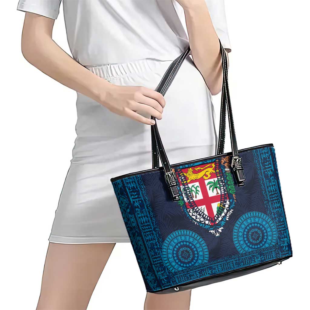 Fiji Coat of Arms Traditional Dashiki Leather Tote Bag Tapa Art and Palm Leaves Pattern Dark Navy Color LT03 - Polynesian Pride