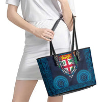 Fiji Coat of Arms Traditional Dashiki Leather Tote Bag Tapa Art and Palm Leaves Pattern Dark Navy Color LT03 - Polynesian Pride