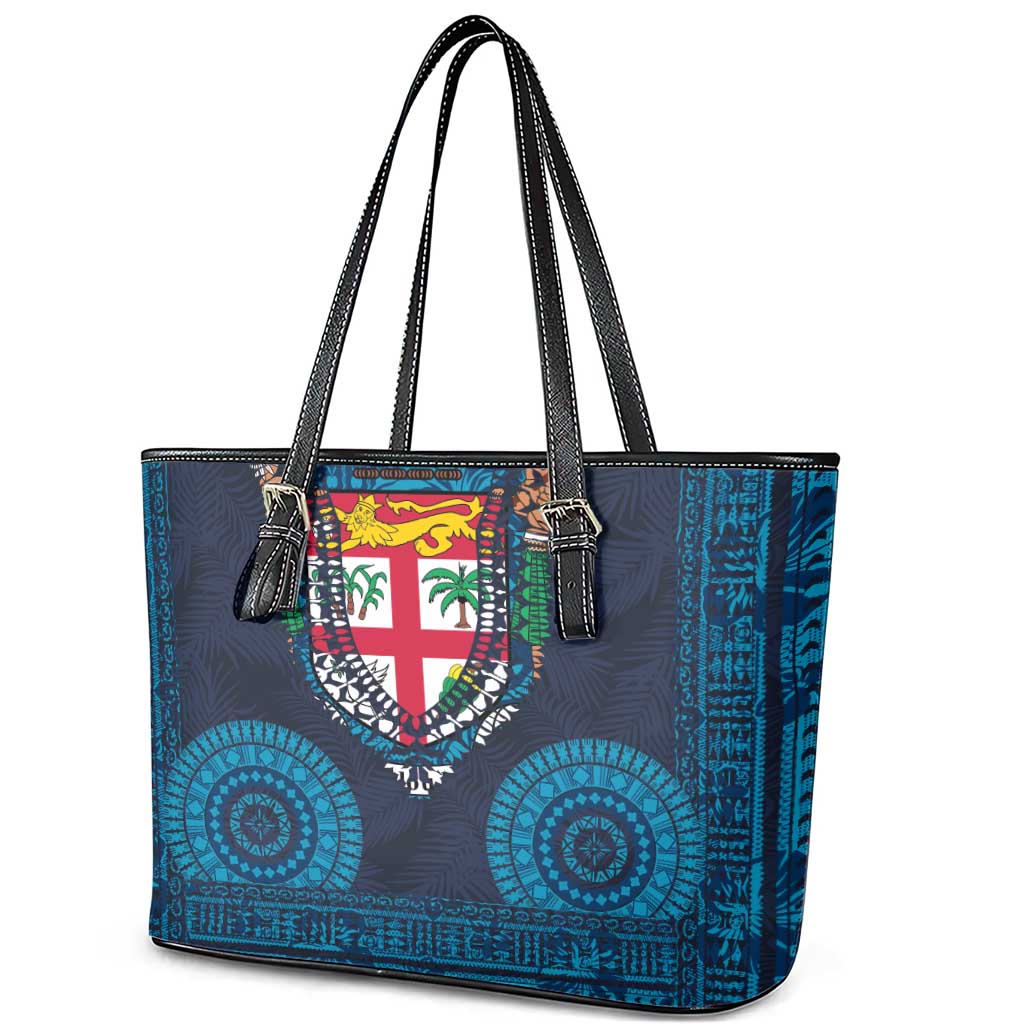 Fiji Coat of Arms Traditional Dashiki Leather Tote Bag Tapa Art and Palm Leaves Pattern Dark Navy Color LT03 - Polynesian Pride