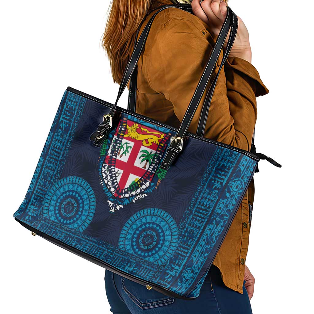 Fiji Coat of Arms Traditional Dashiki Leather Tote Bag Tapa Art and Palm Leaves Pattern Dark Navy Color LT03 - Polynesian Pride
