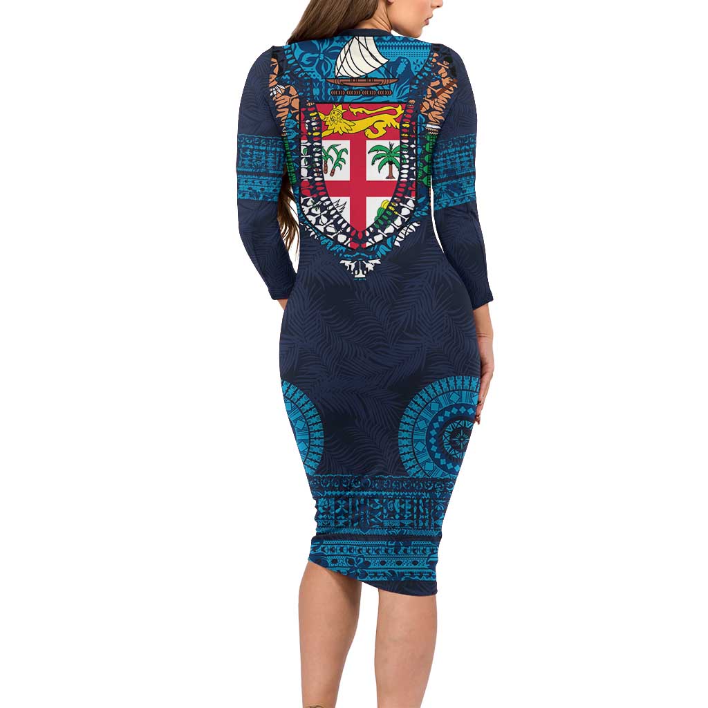 Fiji Coat of Arms Traditional Dashiki Long Sleeve Bodycon Dress Tapa Art and Palm Leaves Pattern Dark Navy Color LT03 - Polynesian Pride