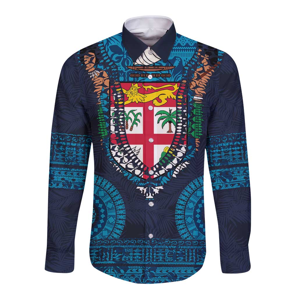 Fiji Coat of Arms Traditional Dashiki Long Sleeve Button Shirt Tapa Art and Palm Leaves Pattern Dark Navy Color LT03 Unisex Navy - Polynesian Pride