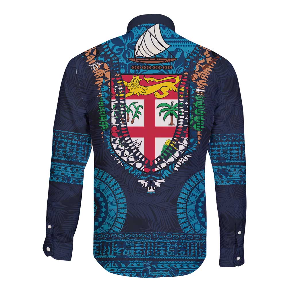 Fiji Coat of Arms Traditional Dashiki Long Sleeve Button Shirt Tapa Art and Palm Leaves Pattern Dark Navy Color LT03 - Polynesian Pride